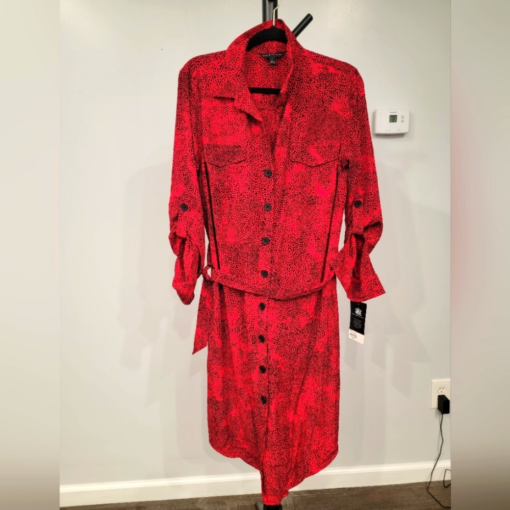 Red button up dress, L NWT